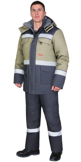 Костюм СИРИУС-ПАРИТЕТ зимний, куртка дл., брюки, тёмно-серый со светло-оливковым и СОП