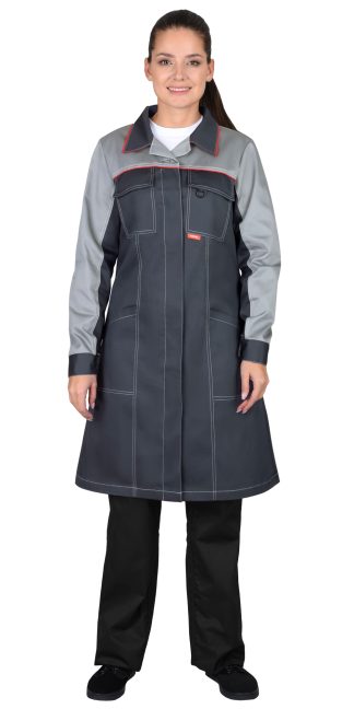 Халат СИРИУС-ИРИНА женский, тёмно-серый со светло-серым и красным кантом